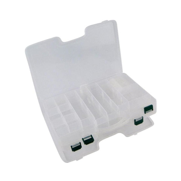 Double-sided tackle box with clear lid, grid compartments, and green latch closures