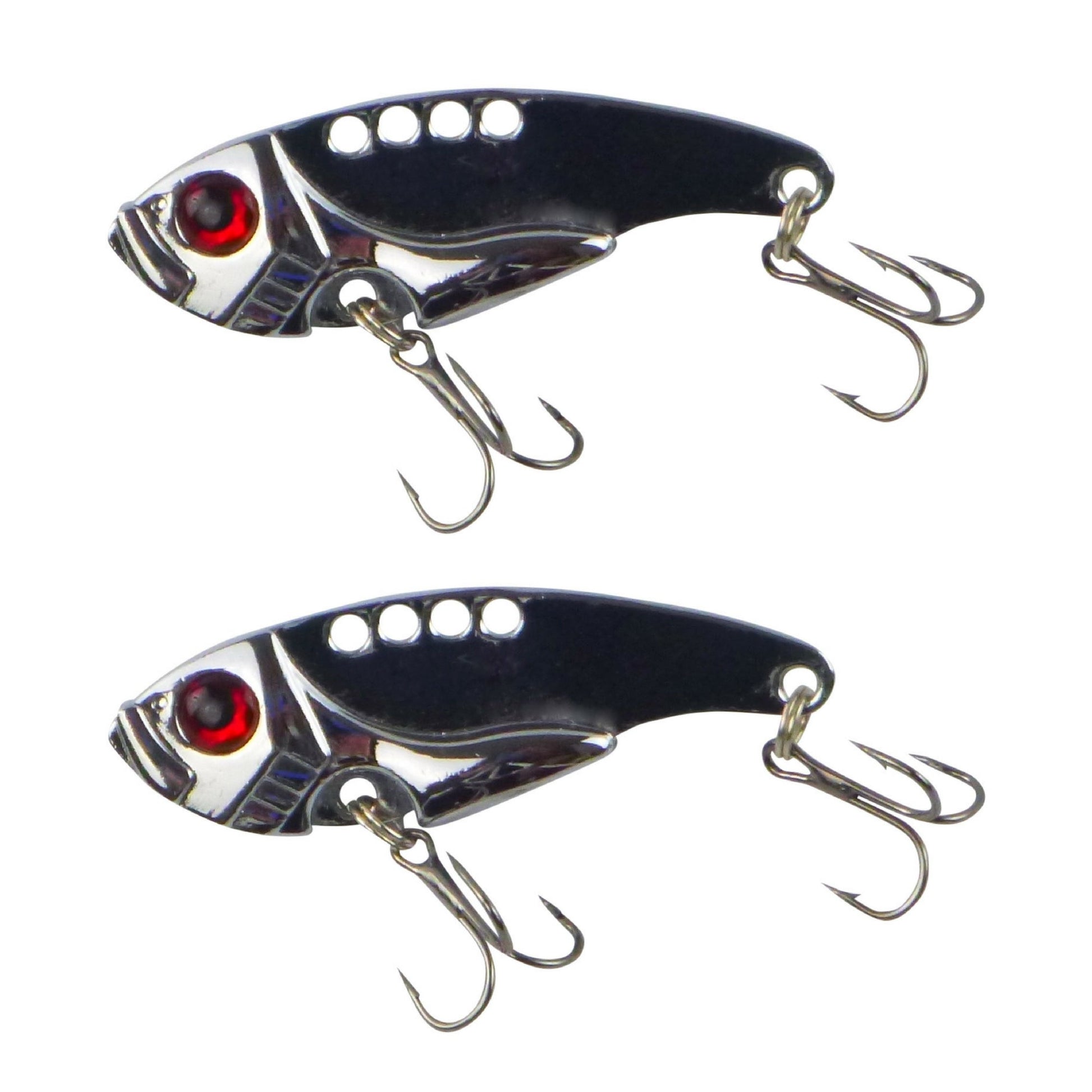 Fishing lure set with black-and-silver body, red eyes, and two treble hooks, 2-pack