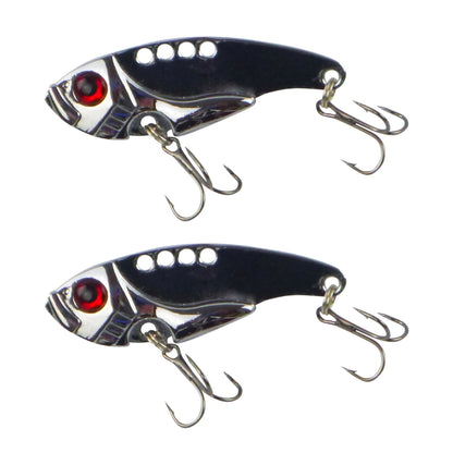 Fishing lure set with black-and-silver body, red eyes, and two treble hooks, 2-pack