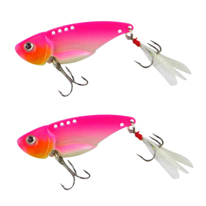Pair of aqua pink fishing lures with feather blades and treble hooks