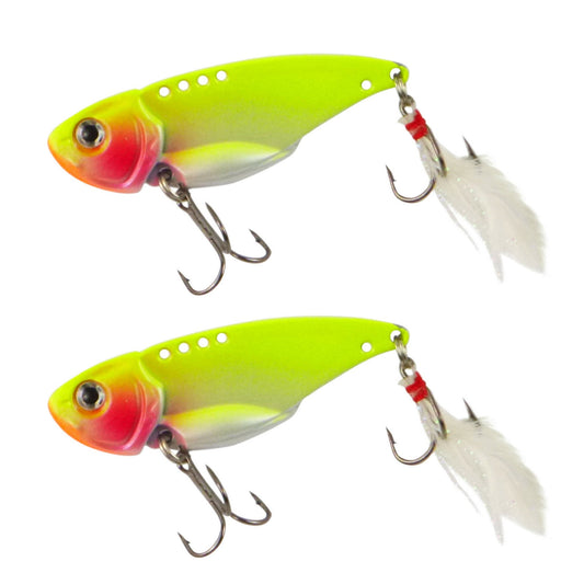 Chartreuse fishing lure set, 2 pack, red head, feather tail, triple hook
