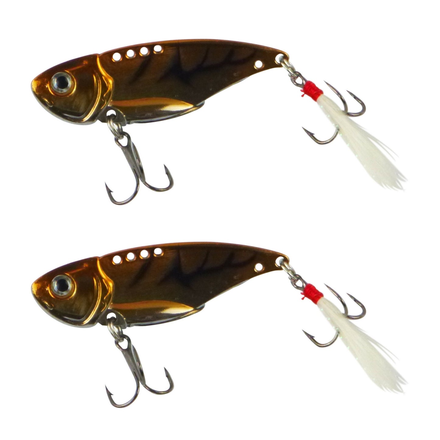 Fishing blade bait lures, bronze stripe bodies with feather tails, 2-pack