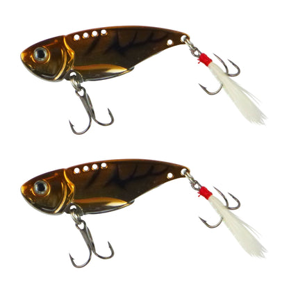 Fishing blade bait lures, bronze stripe bodies with feather tails, 2-pack
