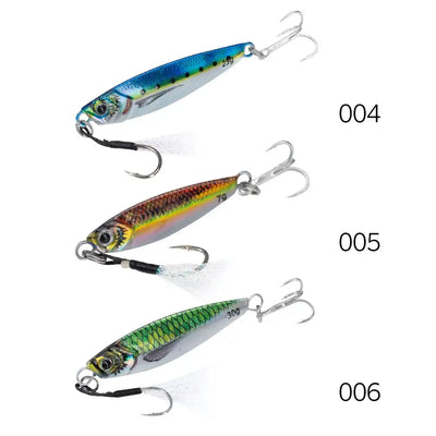 Three metal jig fishing lures in blue 004, rainbow 005, green 006 with treble hooks