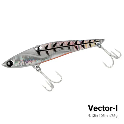 Metal vibration fishing hard bait lure, silver with black and purple camo stripes and three treble hooks.