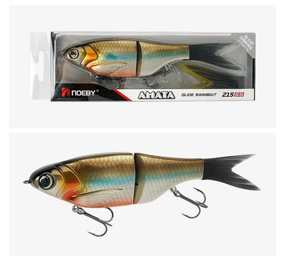 Boxed jointed swimbait lure with gold scale pattern and black tail treble hooks