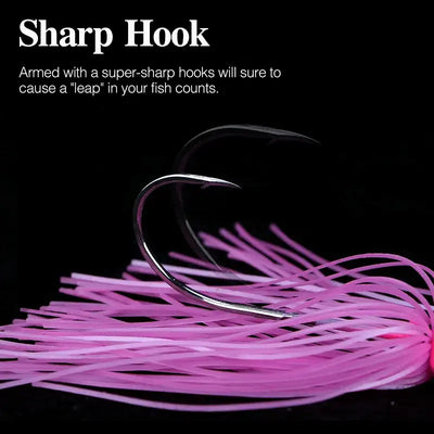 Bladed jig with purple silicone skirt and curved sharp hook