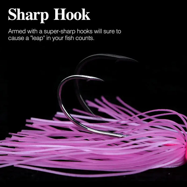 Bladed jig with purple silicone skirt and curved sharp hook