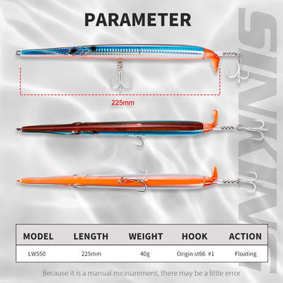 Propeller needle fishing lure set: three long lures with treble hooks, blue, dark, and orange