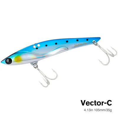 Metal vibration fishing hard bait lure, blue body with yellow-green accents and three treble hooks.