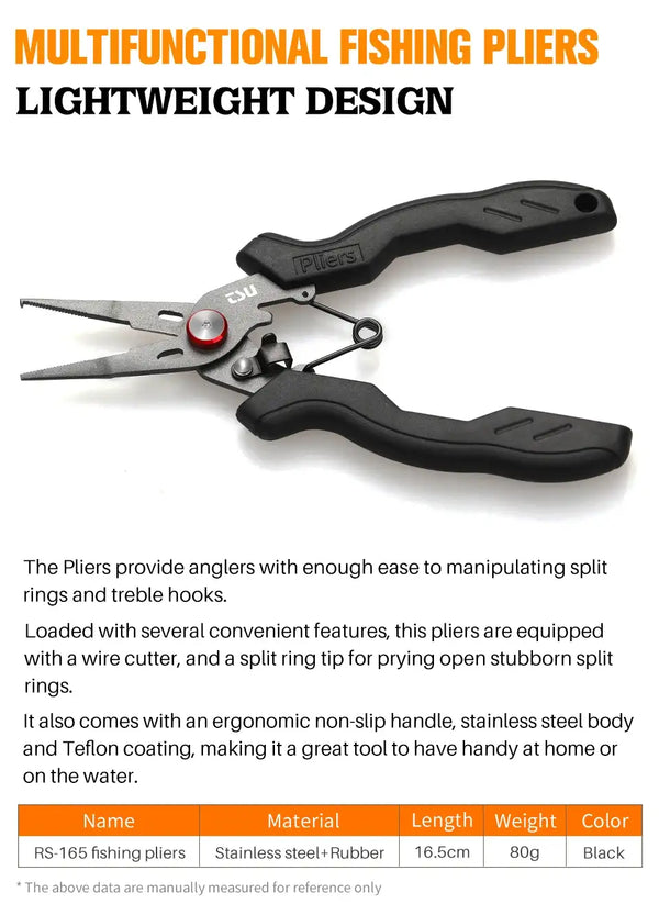 Black-handled split ring fishing pliers with stainless steel tool head and red knob