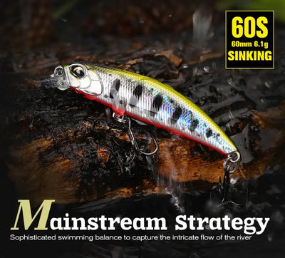 Silver and yellow sinking minnow crankbait with black stripes and treble hooks