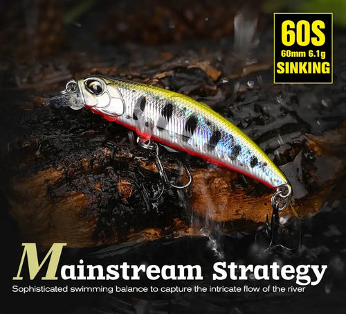 Silver and yellow sinking minnow crankbait with black stripes and treble hooks