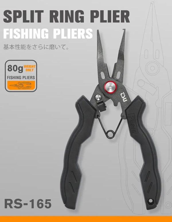 RS-165 split ring fishing pliers with black grips and stainless steel claw jaws