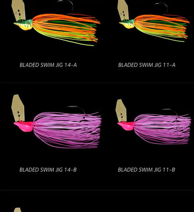 Bladed swim jigs with orange and purple silicone skirt color options