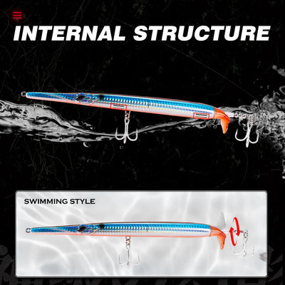 Blue propeller needle fishing lure with orange head, treble hooks, and central spinner