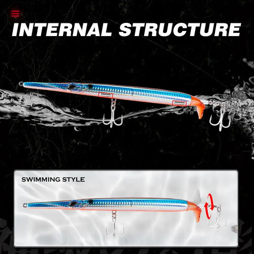 Blue propeller needle fishing lure with orange head, treble hooks, and central spinner