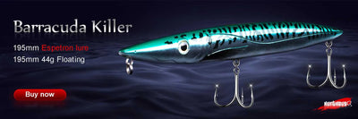 Teal and dark propeller needle lure with three treble hooks