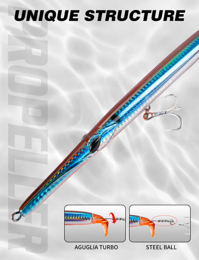 Blue metallic propeller needle lure with orange sides and split ring hooks