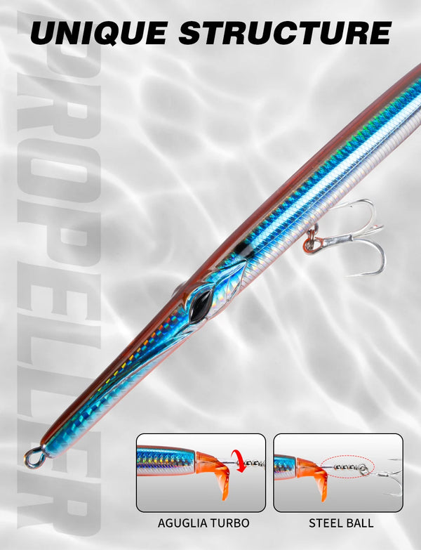 Blue metallic propeller needle lure with orange sides and split ring hooks