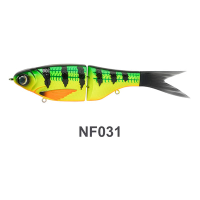 Jointed shad swimbait lure NF031, neon green back with orange belly and black tail