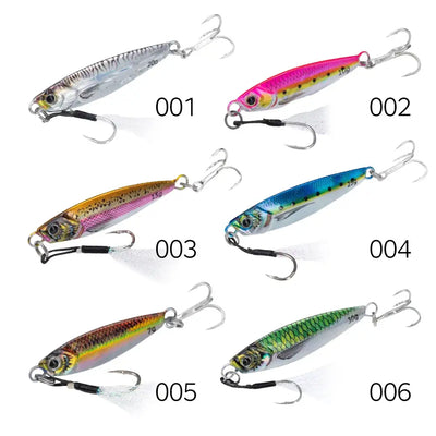Metal jig fishing lure set with 6 colors, each with treble hooks and split rings