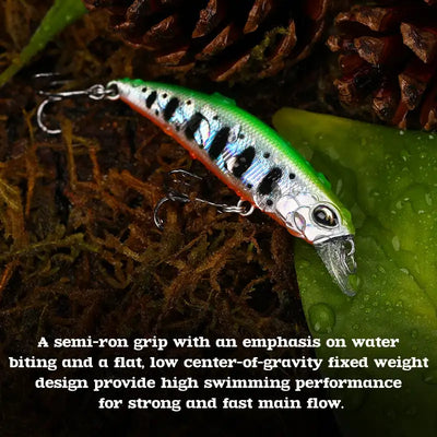 Green and blue sinking minnow crankbait with silver face, black spots, and treble hooks