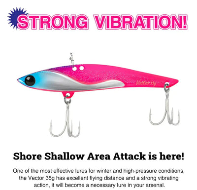 Metal vibration fishing lure, pink and silver glitter body with treble hooks