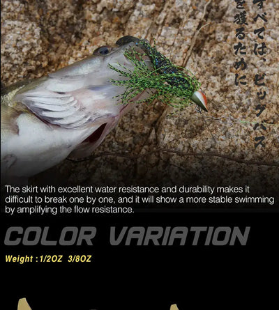 Fish with green speckled silicone skirt bladed jig, curved hook visible
