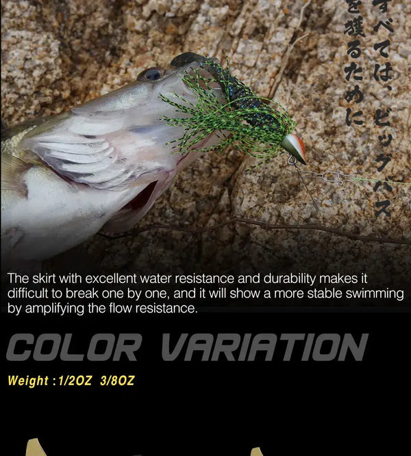 Fish with green speckled silicone skirt bladed jig, curved hook visible