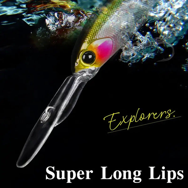 Suspending minnow hard body fishing lure, translucent clear lip and iridescent yellow-green.