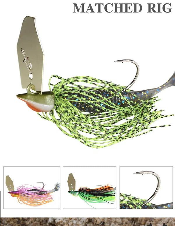 Bladed jig with gold blade and neon green silicone skirt strands with speckles