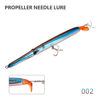 Propeller needle lure, blue body with orange head and twin treble hooks