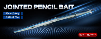 Jointed pencil-style propeller bait lure, teal-blue body with orange head and treble hooks