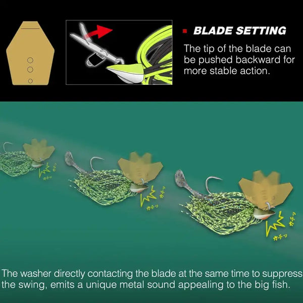 Three bladed jigs with gold blades and green silicone skirts, hooks facing up