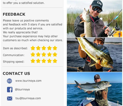 Fishing line company feedback and contact panel with anglers holding fish