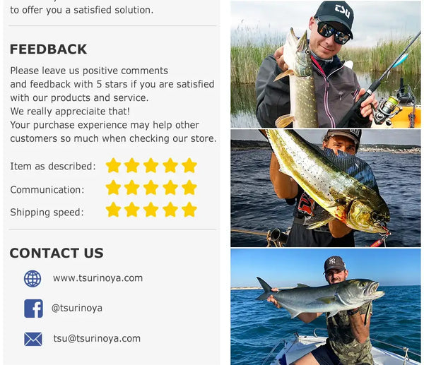 Fishing line company feedback and contact panel with anglers holding fish