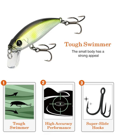 TSURINOYA Intruder 51S sinking minnow lure, green-yellow back and silver sides, treble hooks
