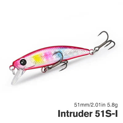 Sinking minnow fishing lure, pink body with blue scale pattern, clear lip, 2 treble hooks