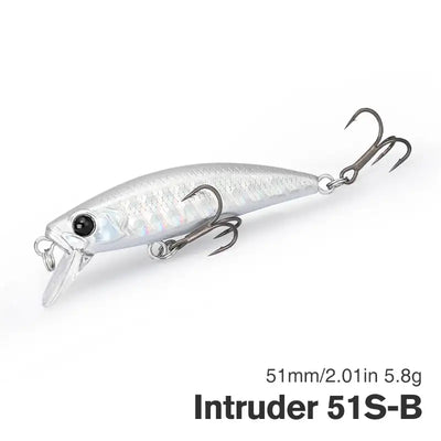 Sinking minnow fishing lure, silver iridescent body with clear lip and 2 treble hooks
