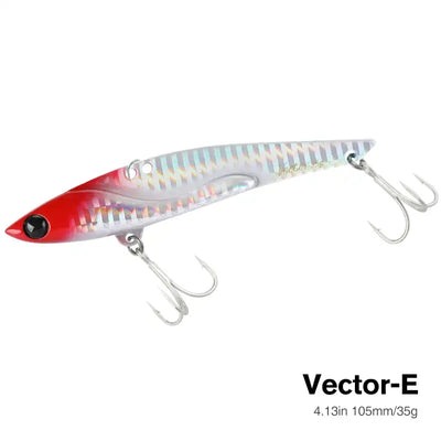 Metal vibration fishing hard bait lure, red-and-white striped with black eye and three treble hooks.