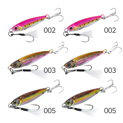 Assorted metal jig fishing lures: pink 002, gold 003, rainbow 005, with treble hooks