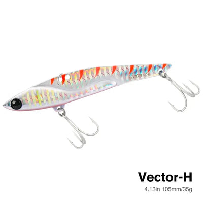 Metal vibration fishing hard bait lure, silvery body with rainbow stripes and three treble hooks.