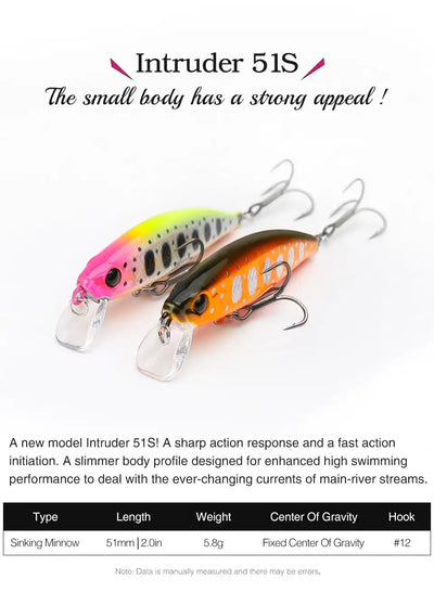 TSURINOYA Intruder 51S sinking minnow fishing lure, pink and orange with treble hooks