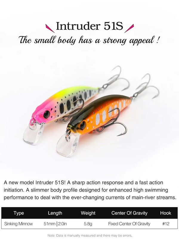 TSURINOYA Intruder 51S sinking minnow fishing lure, pink and orange with treble hooks