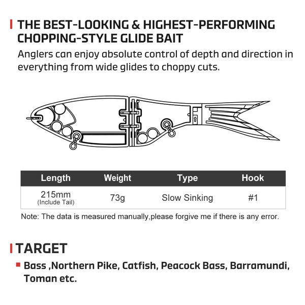 Glide swimbait side diagram with length 215mm and weight 73g slow sinking