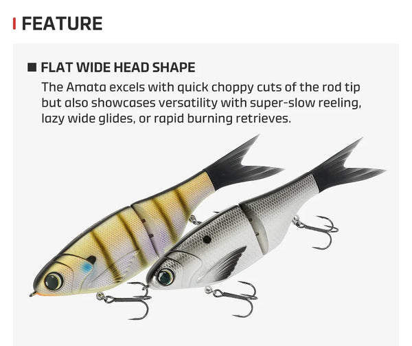 Jointed swimbait lure with flat wide head, yellow and gray finishes