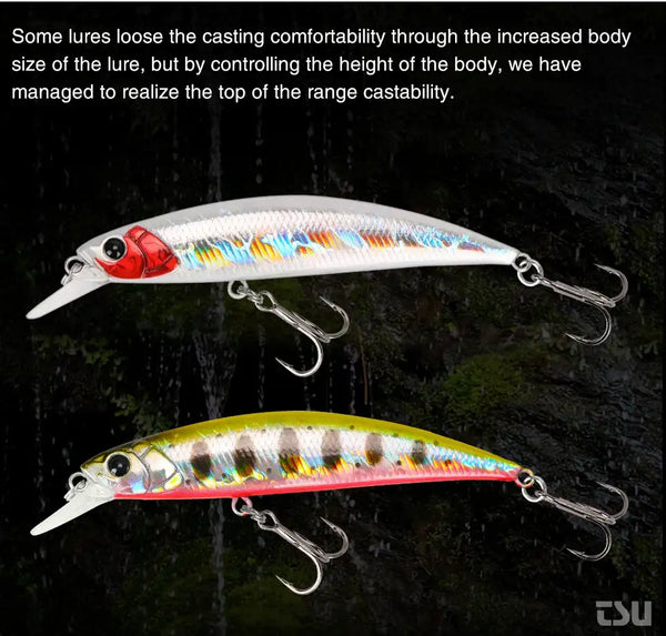 Sinking minnow hard bait wobbler lure with treble hooks, silver-red and holographic rainbow.