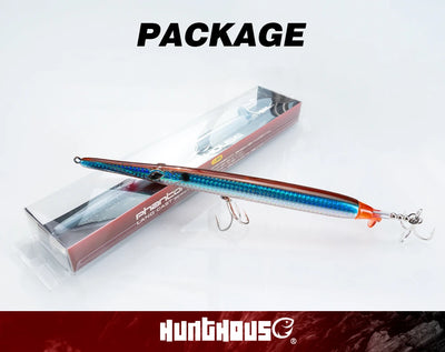 Blue metallic propeller needle lure in retail package with treble hook