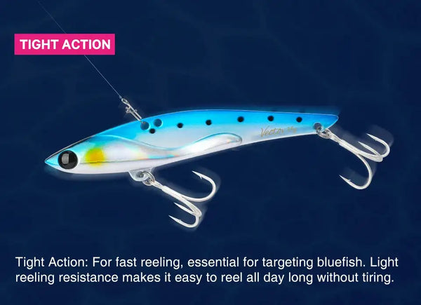 Light blue and yellow metal vibration lure with three treble hooks
